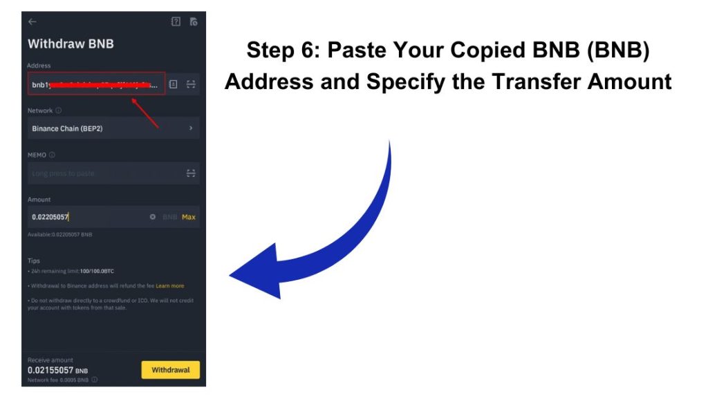 Step 6: Paste Your Copied BNB (BNB) Address and Specify the Transfer Amount