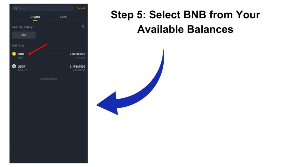 Step 5: Select BNB from Your Available Balances