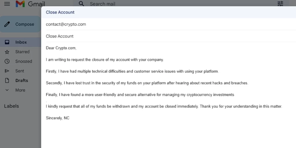 Send Email to Crypto.com for deleting the Account